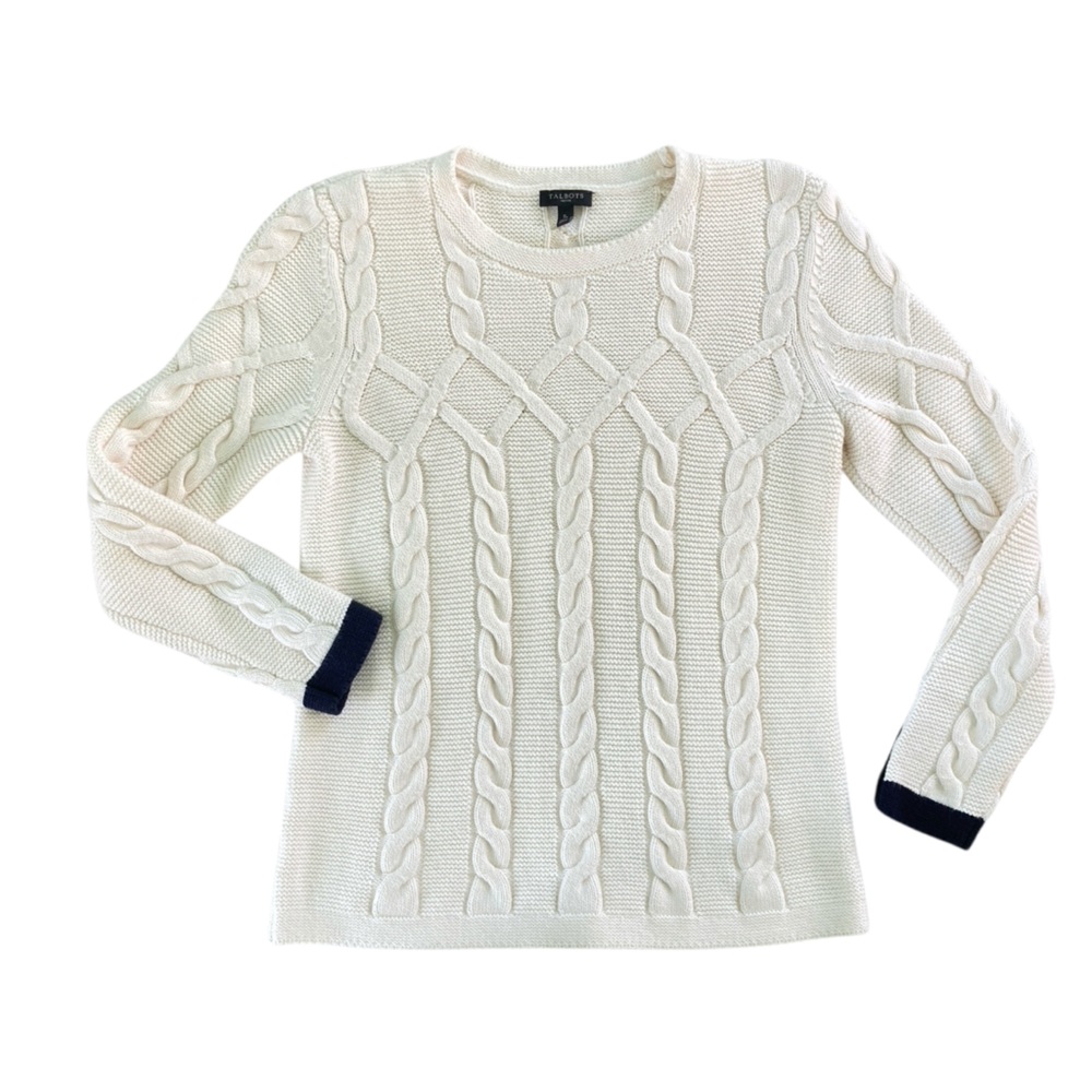Talbots Chunky Cable‎ Knit Ivory Nautical Sweater Buttons Petite (Size S)